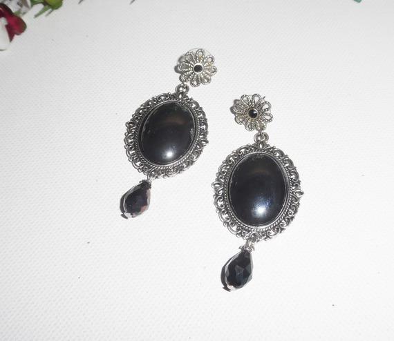 Boucles d'oreilles avec cabochon pierre d'hématite en métal argent