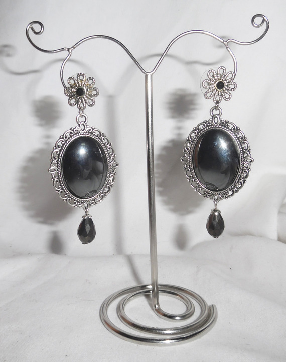 Boucles d'oreilles avec cabochon pierre d'hématite en métal argent