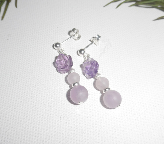 Boucles d'oreilles argent 925 rose en améthyste avec perles