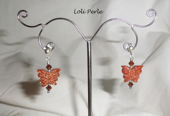 Boucles d'oreilles argent 925 papillons en agate marron et cristal