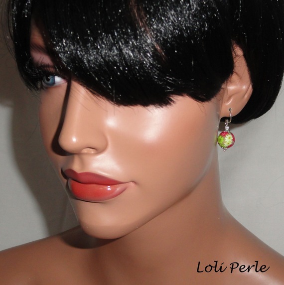 Boucles d'oreilles perles d'argile fleurie  en argent 925