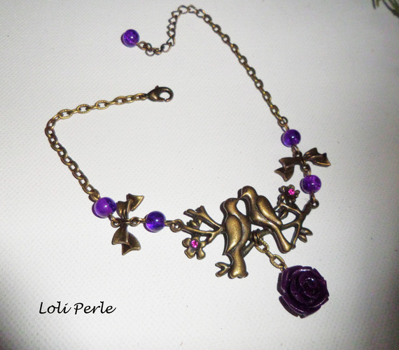 Bracelet/chaine de cheville originale avec oiseaux bronze et rose violette