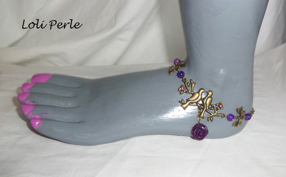 Bracelet/chaine de cheville originale avec oiseaux bronze et rose violette