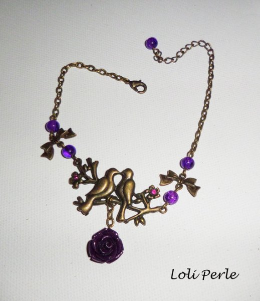 Bracelet/chaine de cheville originale avec oiseaux bronze et rose violette