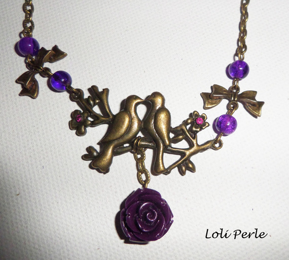 Bracelet/chaine de cheville originale avec oiseaux bronze et rose violette