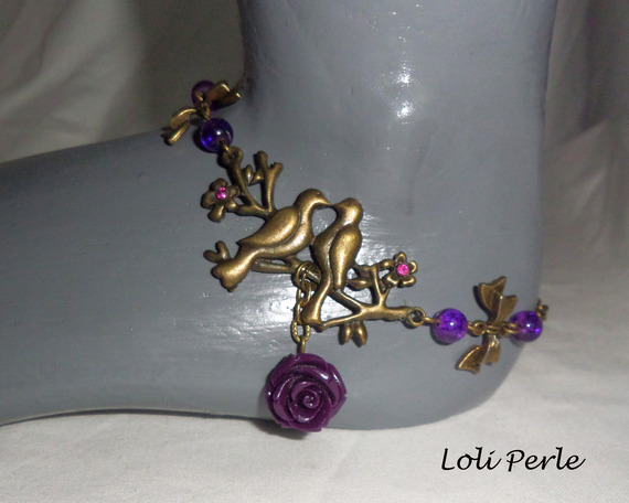 Bracelet/chaine de cheville originale avec oiseaux bronze et rose violette