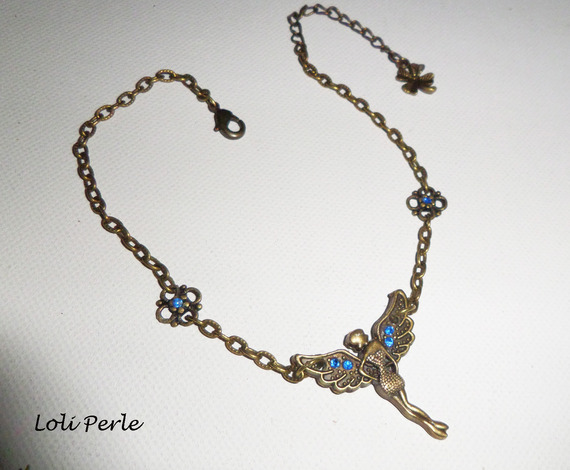 Bracelet/chaine de cheville originale avec fée et cristal bleu sur chaine bronze