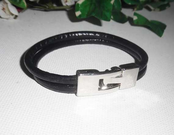 Bracelet cuir ceinture 2 rangs de cuir noir