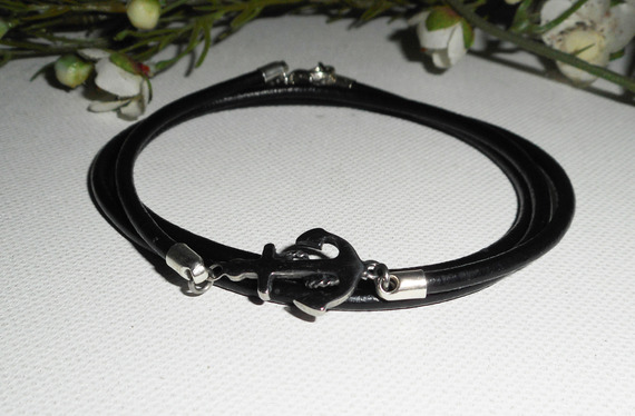 Bracelet cuir double rangs avec  ancre en acier inoxydable