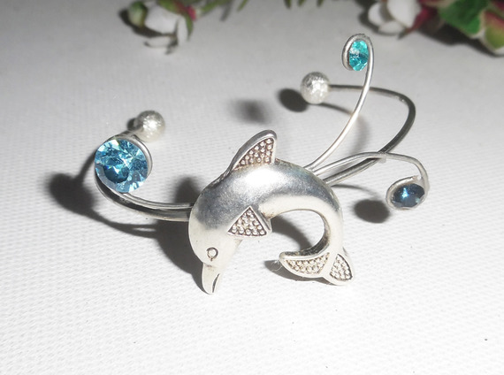 Bracelet en métal soudé avec dauphin et cristal de Swarovski bleu