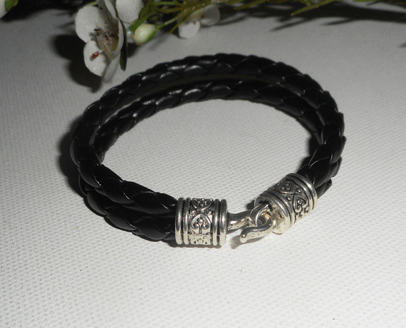 Bracelet homme cuir double rangs avec fermoir crochet