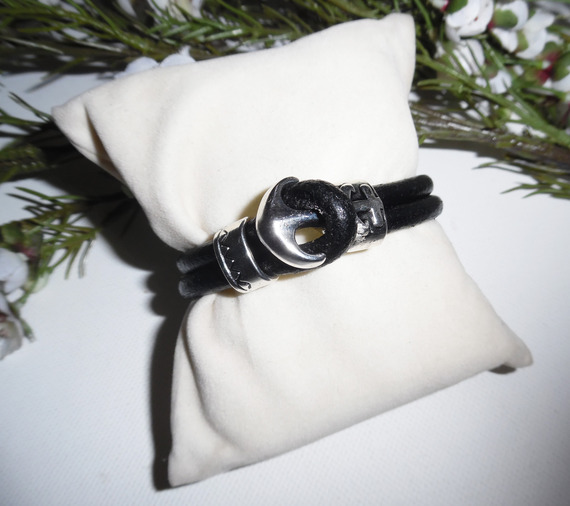 Bracelet original encre marine sur cordon de cuir noir homme