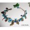 Bracelet pampilles avec pierres bleues et fleurs sur chaine bronze