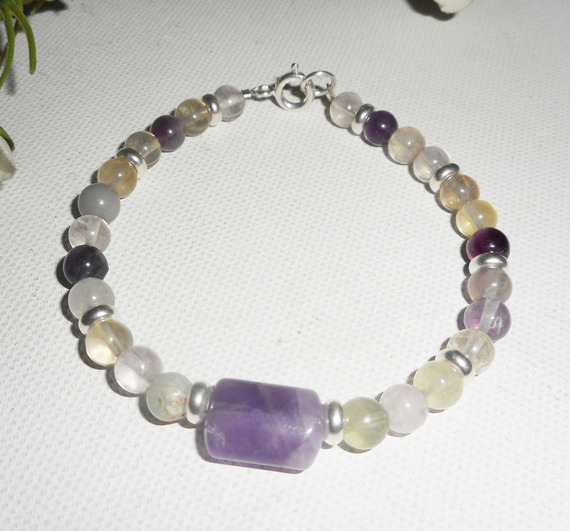 Bracelet pavé en améthyste et pierres de fluorite sur argent 925