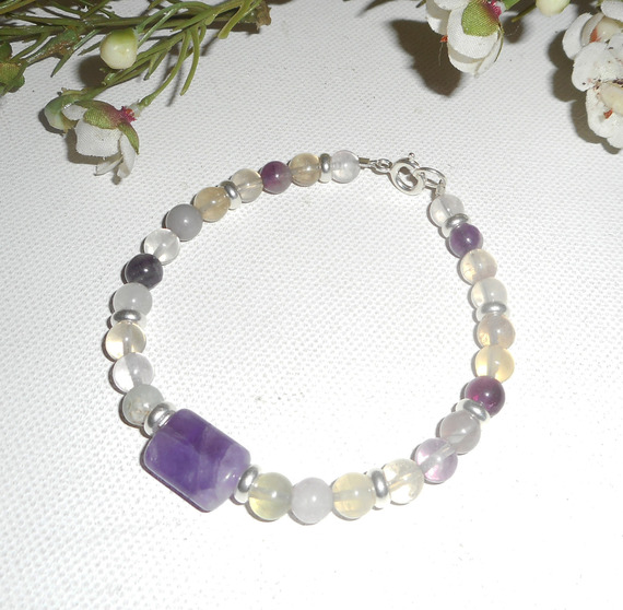 Bracelet pavé en améthyste et pierres de fluorite sur argent 925