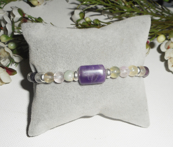 Bracelet pavé en améthyste et pierres de fluorite sur argent 925