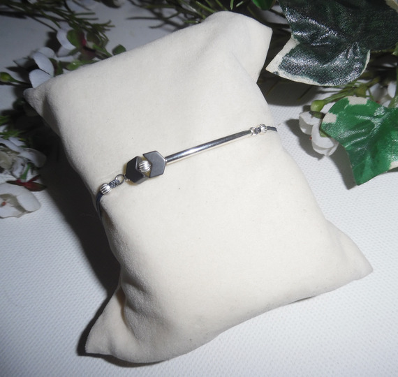 Bracelet pierres d'hématite et perles argent 925 sur cordon réglable
