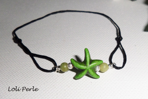 Bracelet étoile de mer verte en pierre et argent 925 sur cordon noir