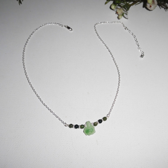 Collier original en argent 925 avec tortue et perles en jade sur chaine