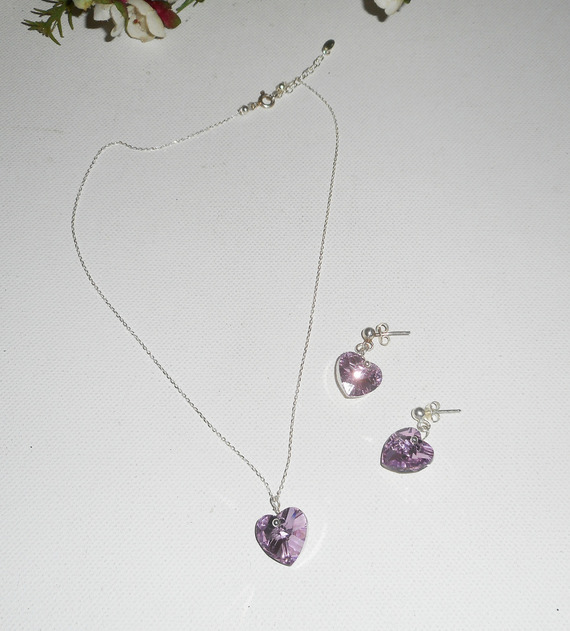 Parure Pendentif coeur mauve en cristal de Swarovski sur chaine argent 925