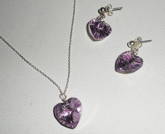 Parure Pendentif coeur mauve en cristal de Swarovski sur chaine argent 925