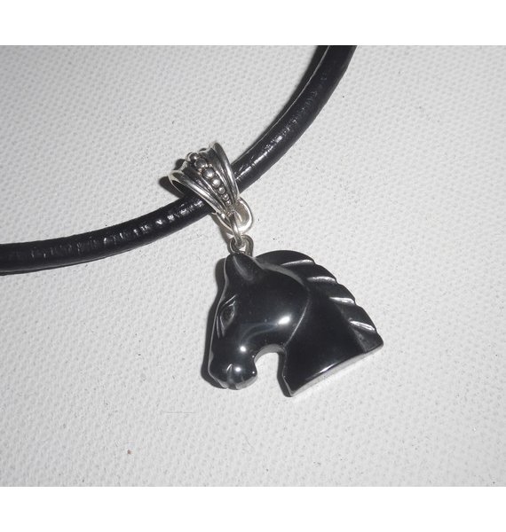 PENDENTIF TETE DE CHEVAL COLLIER CUIR NOIR