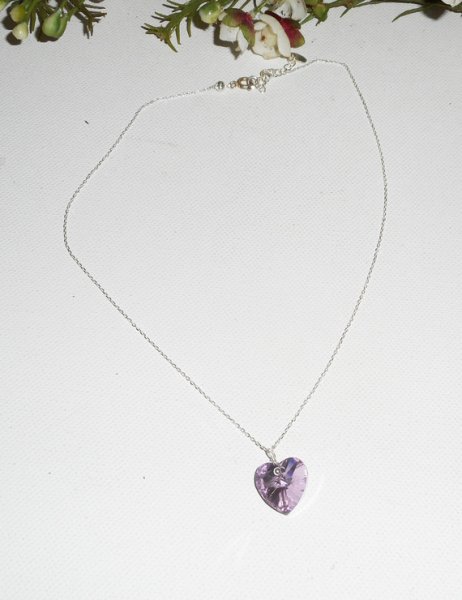 Pendentif coeur mauve en cristal de Swarovski sur chaine argent 925