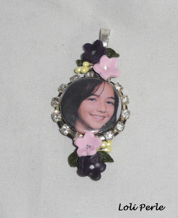 Pendentif  original photo personnalisé avec fleurs et cristal