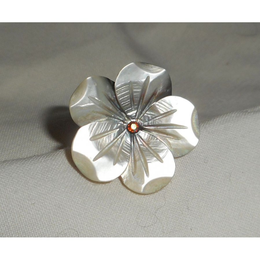 Bague fleur en nacre avec cristal sur anneau réglable en argent 925