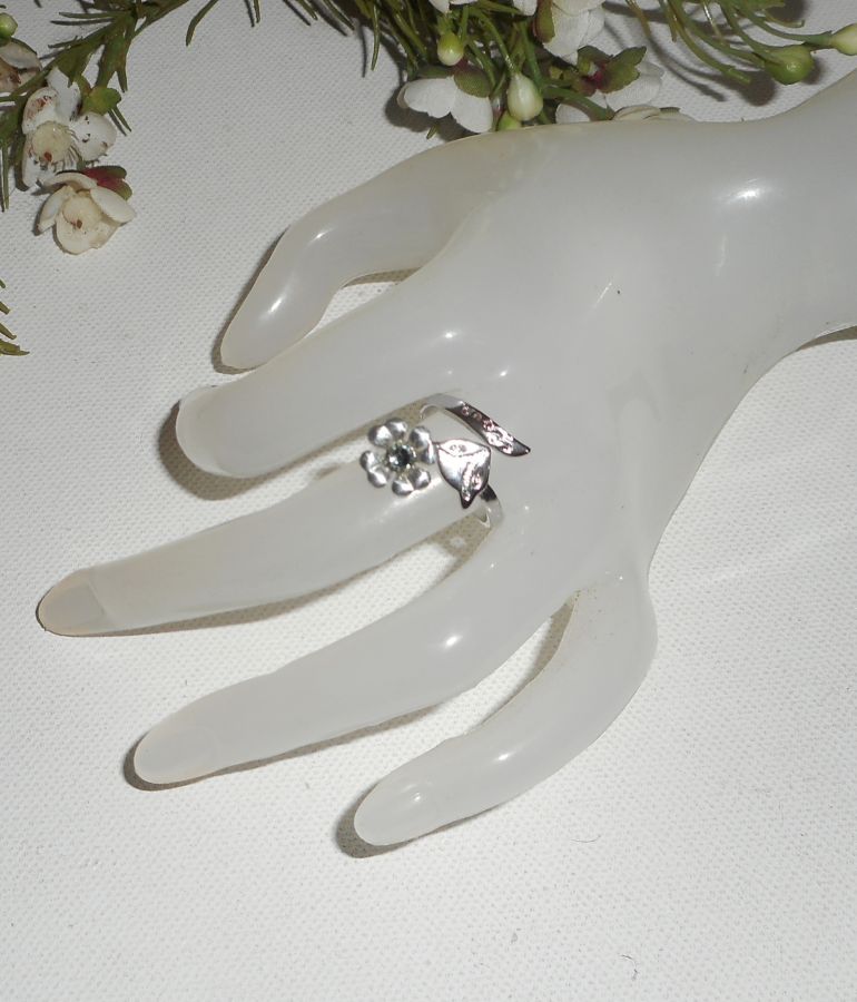 Bague originale en argent 925 fleurs et cristal de Swarovski blanc avec renard