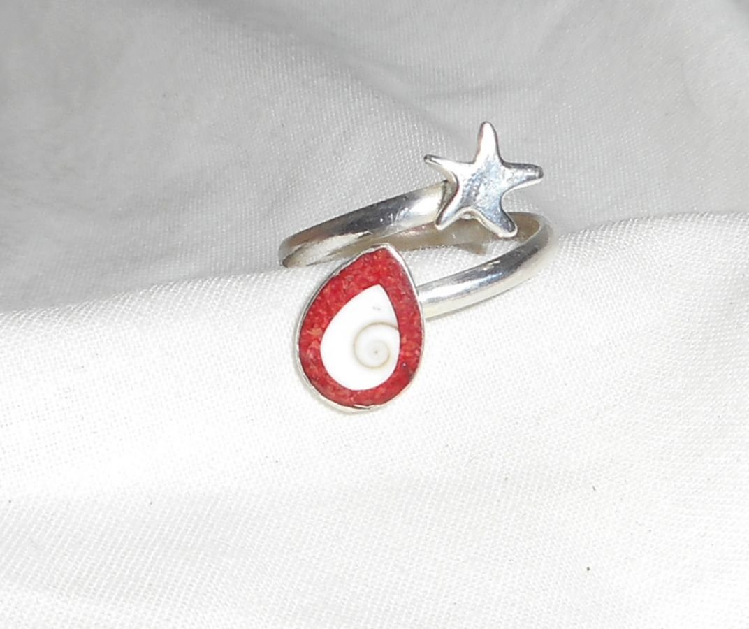 Bague originale en argent 925 avec étoile de mer et oeil de Ste Lucie