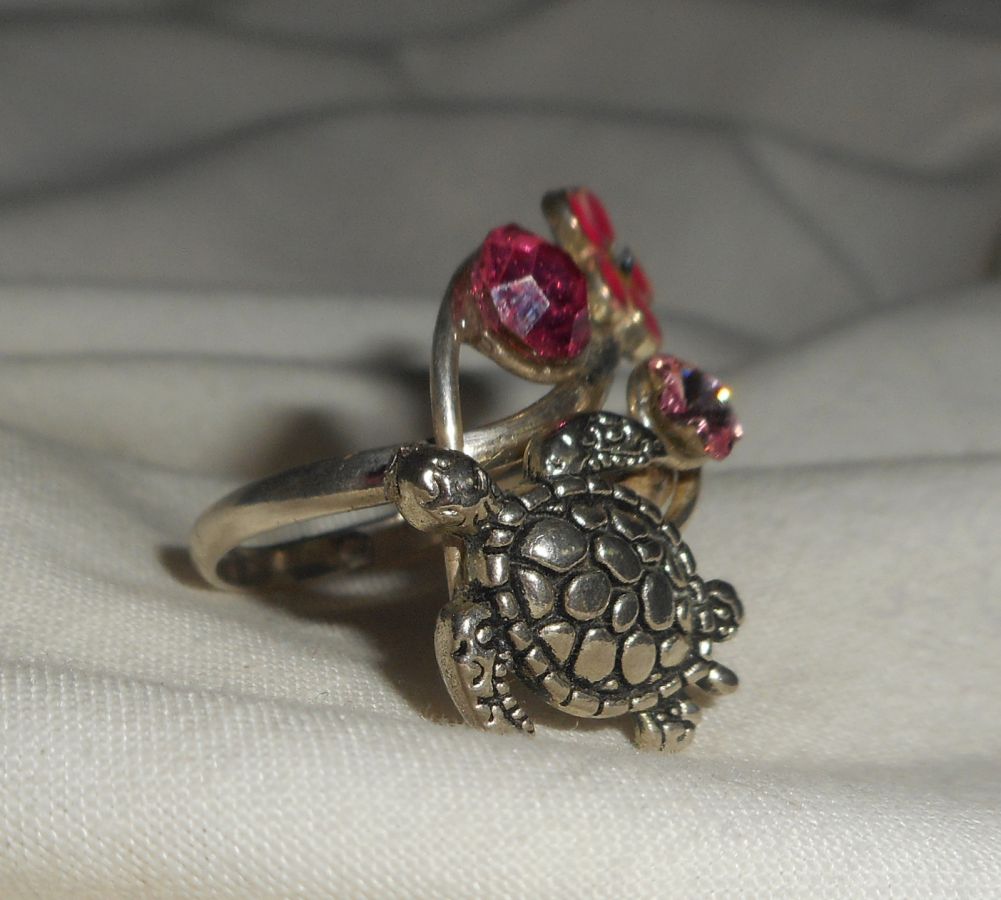 Bague originale en argent 925 avec tortue et fleur