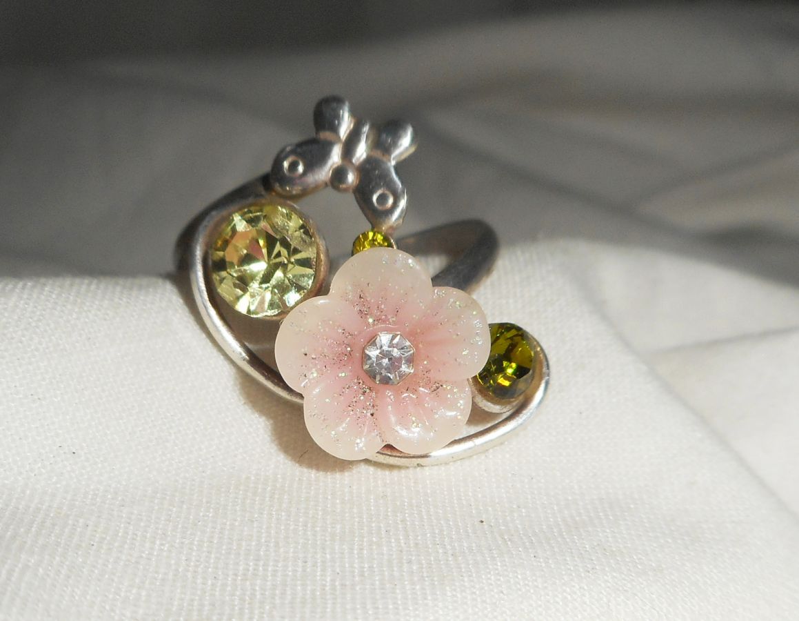 Bague originale en argent 925 avec fleur rose et cristal de Swarovski