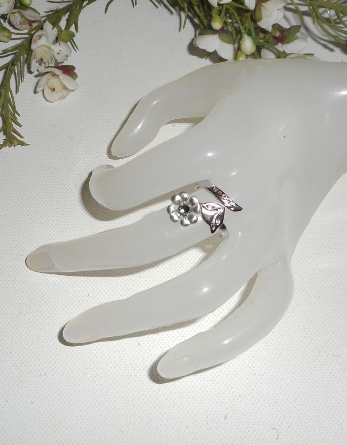 Bague originale en argent 925 fleurs et cristal de Swarovski blanc avec renard