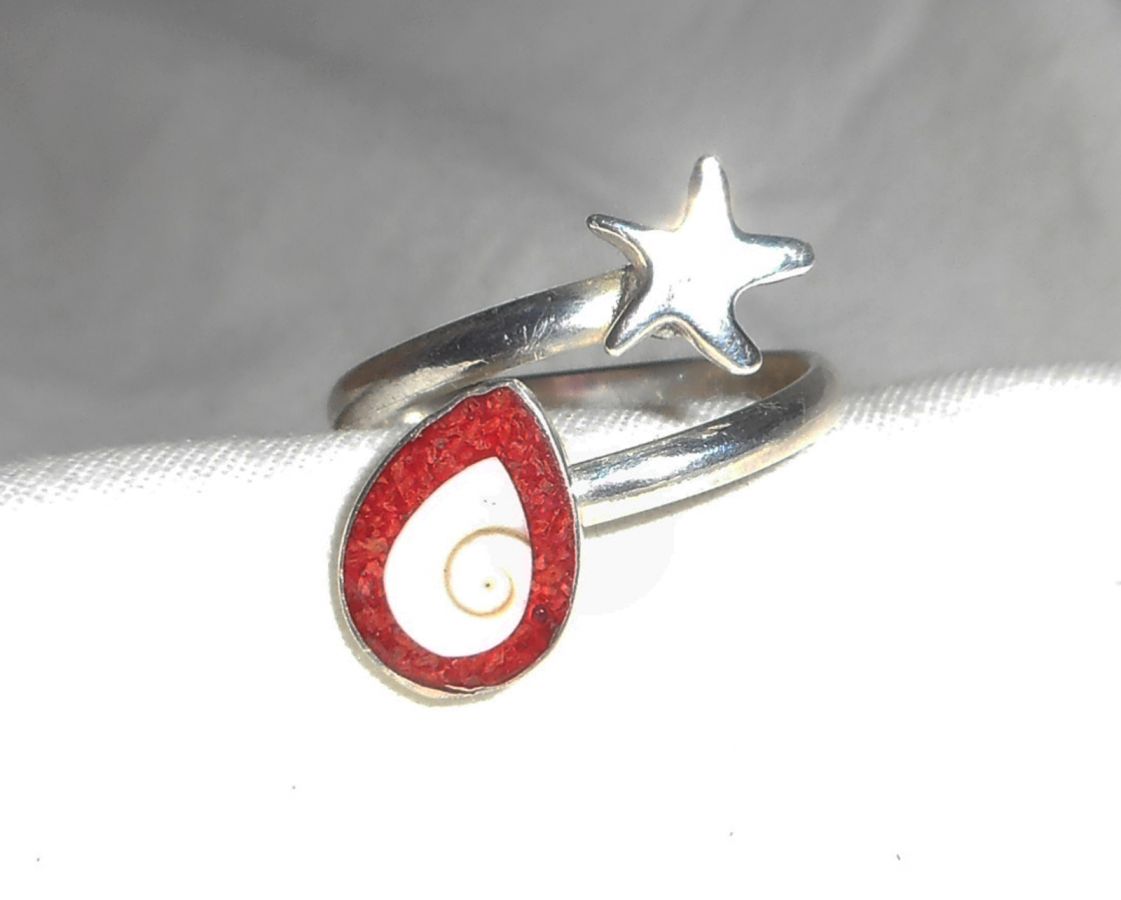 Bague originale en argent 925 avec étoile de mer et oeil de Ste Lucie