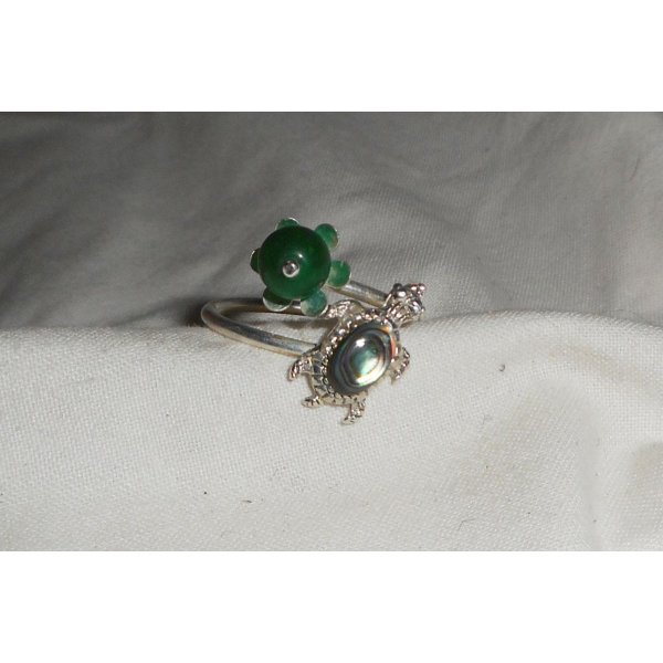 Bague originale en argent 925 avec tortue en abalone et pierre de jade vert