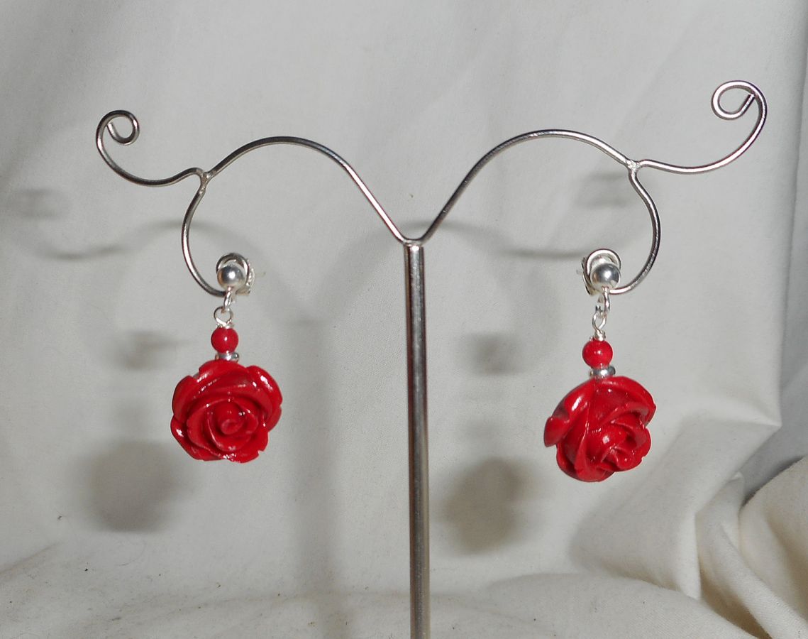 Boucles d'oreilles argent 925 avec roses rouges