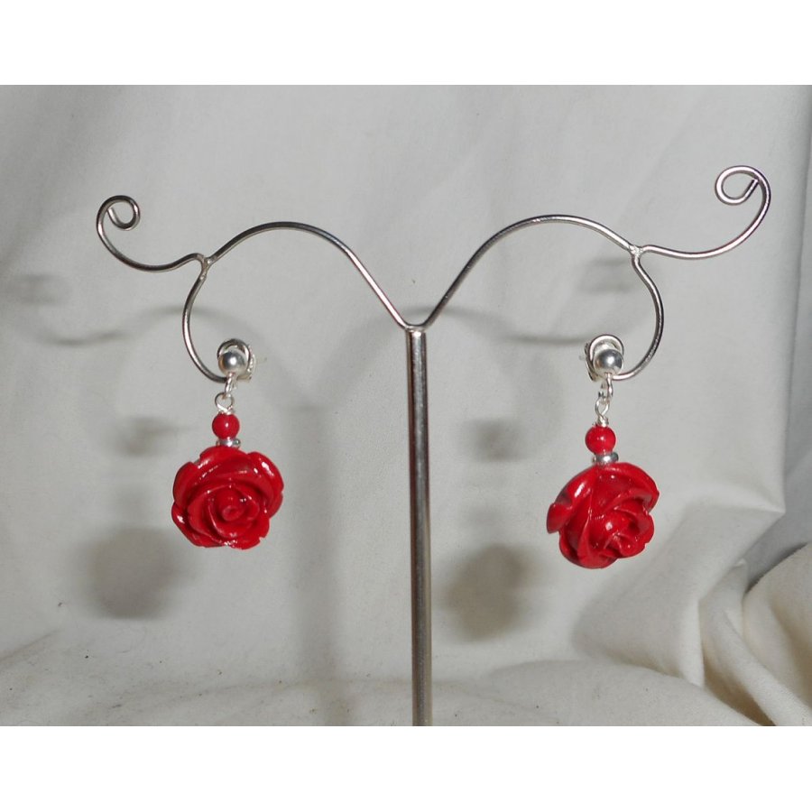 Boucles d'oreilles argent 925 avec roses rouges