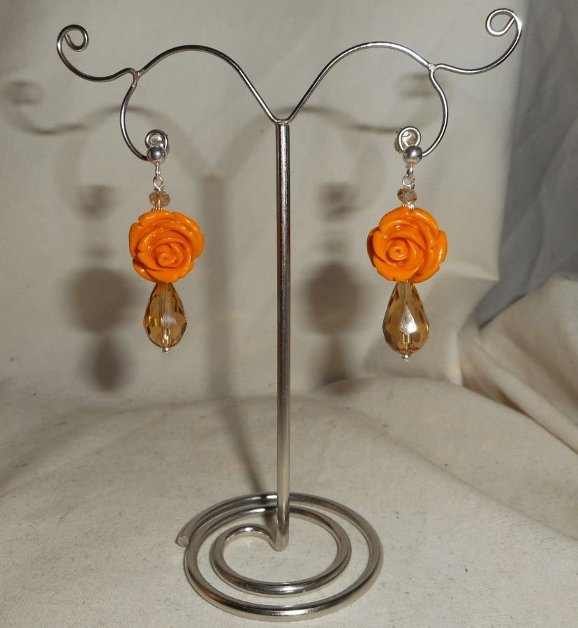 Boucles d'oreilles argent 925 avec rose moutarde et gouttes en cristal de bohème