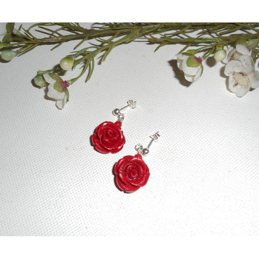 Boucles d'oreilles argent 925 avec roses rouges