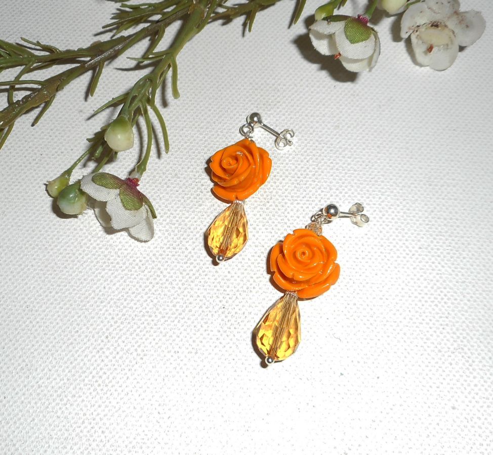 Boucles d'oreilles argent 925 avec rose moutarde et gouttes en cristal de bohème