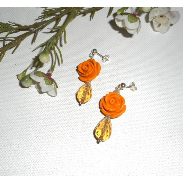 Boucles d'oreilles argent 925 avec rose moutarde et gouttes en cristal de bohème