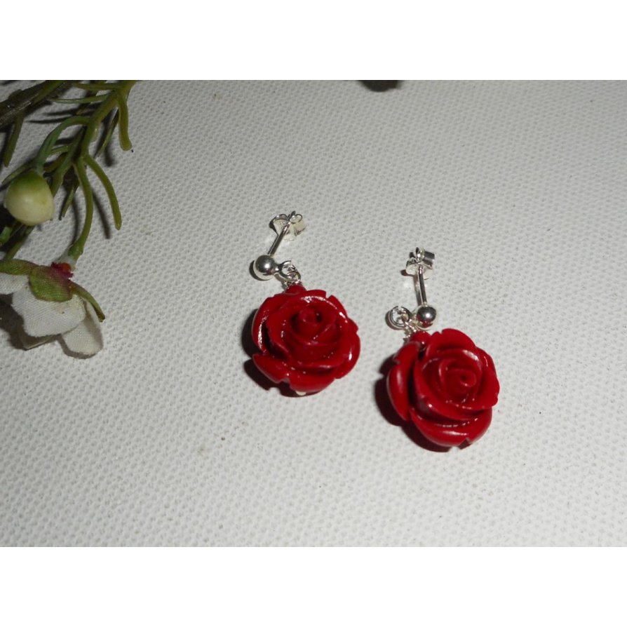 Boucles d'oreilles argent 925 avec roses rouges