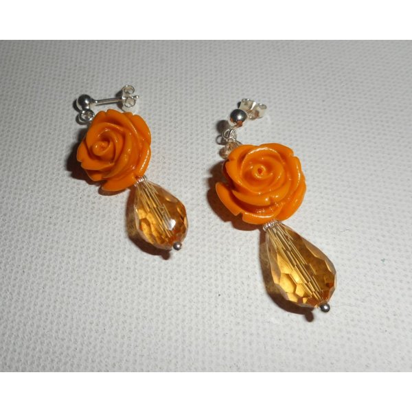 Boucles d'oreilles argent 925 avec rose moutarde et gouttes en cristal de bohème
