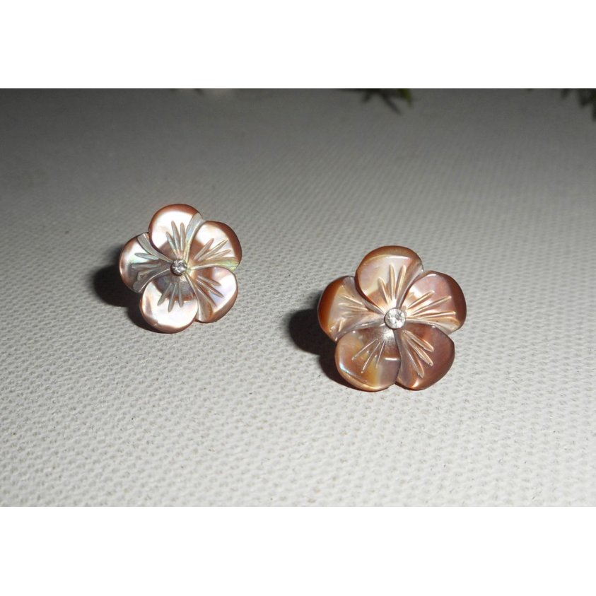 Boucles d'oreilles argent 925 avec fleur de nacre marron