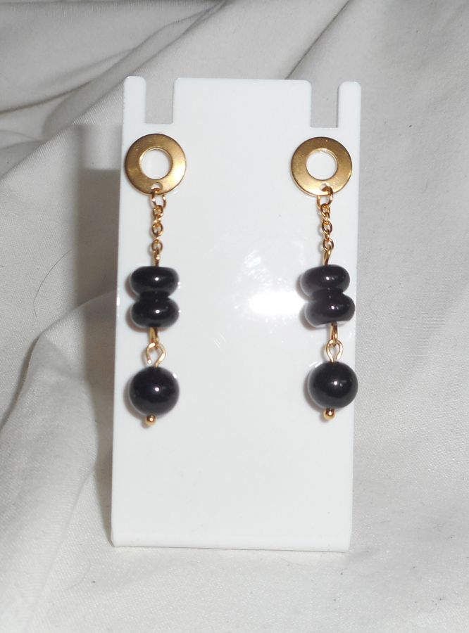 Boucles d'oreilles pierres d'onyx sur chaine or acier inoxydable