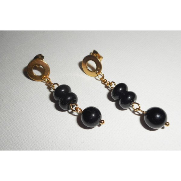 Boucles d'oreilles pierres d'onyx sur chaine or acier inoxydable