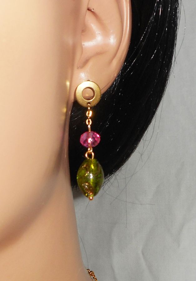 Boucles d'oreilles en verre et cristal vertes et rose