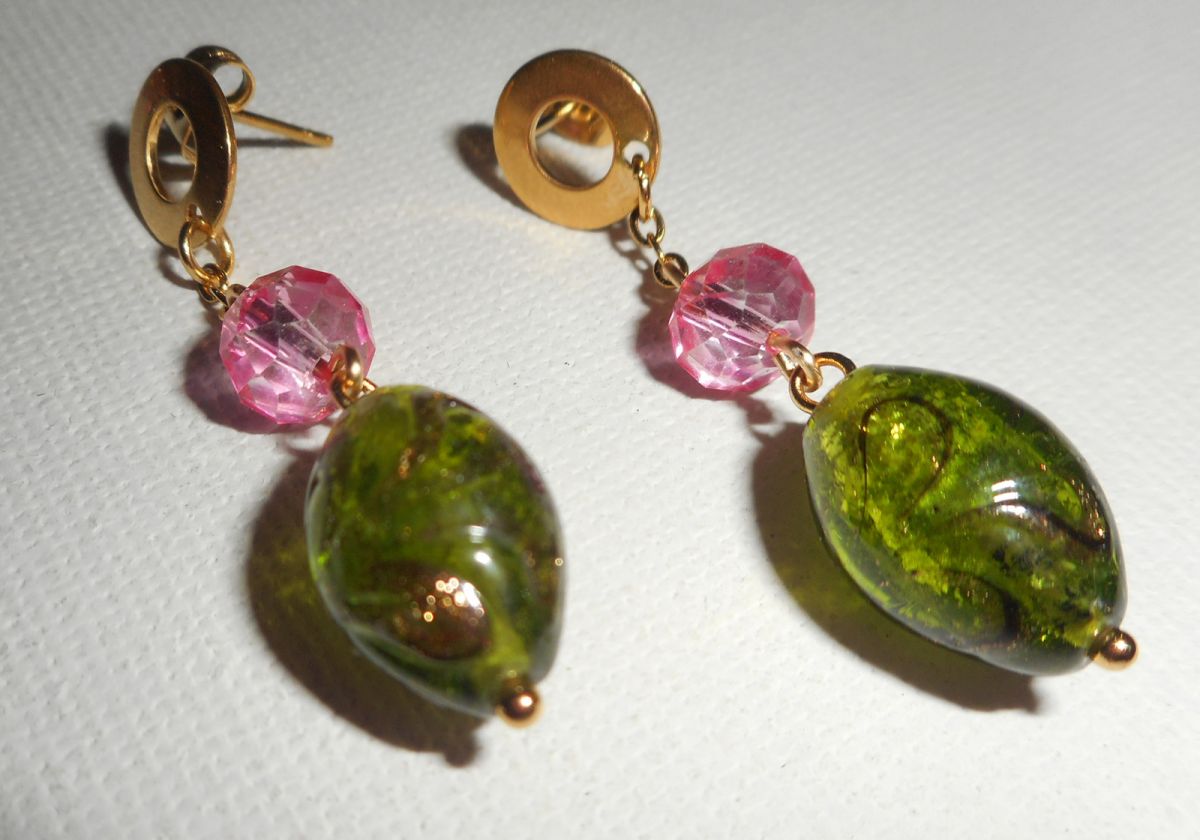 Boucles d'oreilles en verre et cristal vertes et rose