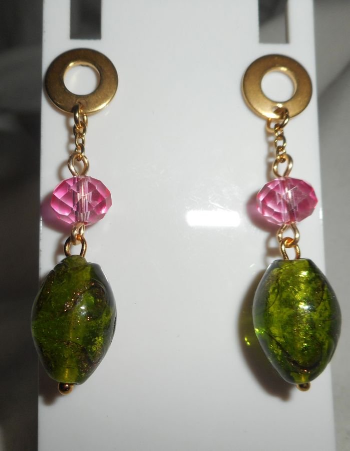 Boucles d'oreilles en verre et cristal vertes et rose